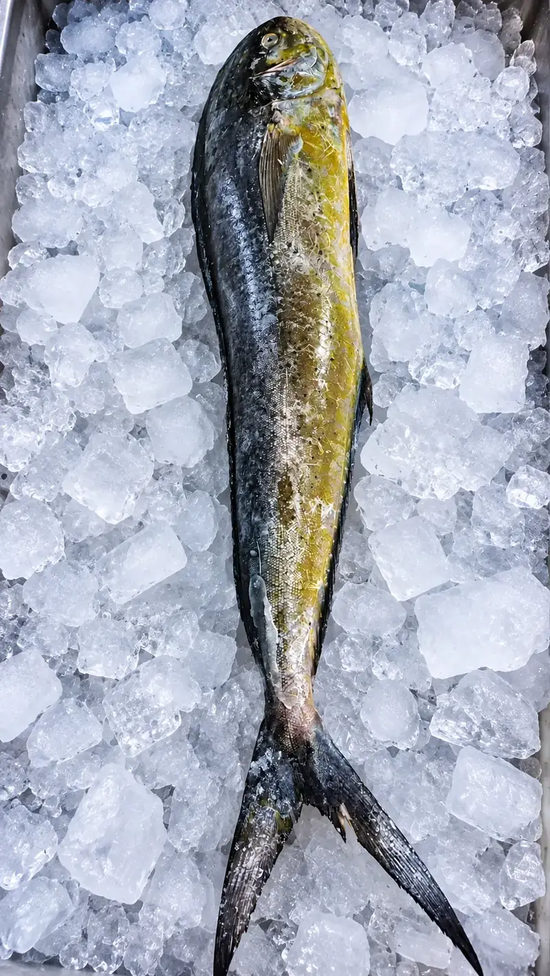 Whole Mahi Mahi Fish displayed on crushed ice