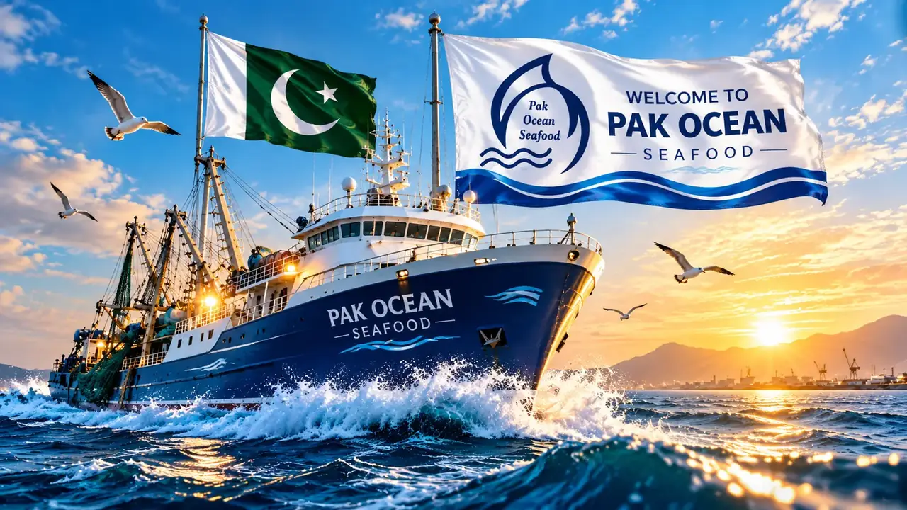 Pak Ocean Seafood ship at sea with Pakistan flag and company welcome banner